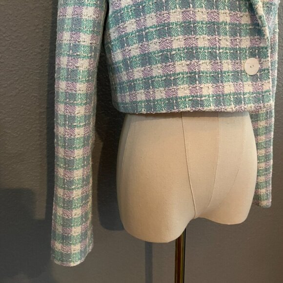 NWT ZARA Textured Plaid Cropped Blazer Jacket Bloggers Fav Turquoise & Lavender - Picture 4 of 16